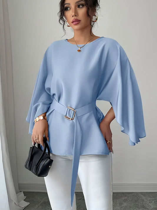 Women'S Elegant Three-Quarter Sleeve T-Shirt - Loose Fit Blouse with Waist Belt, Non-Transparent Fall/Winter Top for Everyday & Formal Outfits - Office, Party, Casual Chic Wardrobe Essential, Ladies T Shirts, Office Attire, S