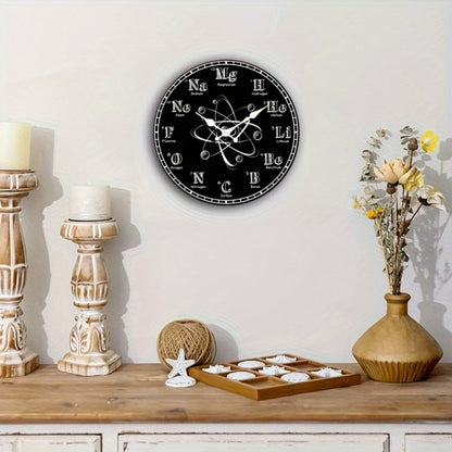 1pc Round Clock, Chemical Symbol Creative Wall Clock, Periodic Table Blackboard Chemistry Teacher Clock, Silent Quartz Round Wooden Clock, Suitable for Bedroom Living Room Office Kitchen Bathroom, Battery Powered (Battery Not