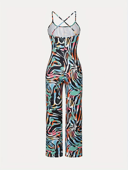 Women's Stylish All-Over Print Cami Jumpsuit - Vibrant Abstract Pattern, High Elasticity, Machine Washable, Perfect for Spring/Summer/Fall