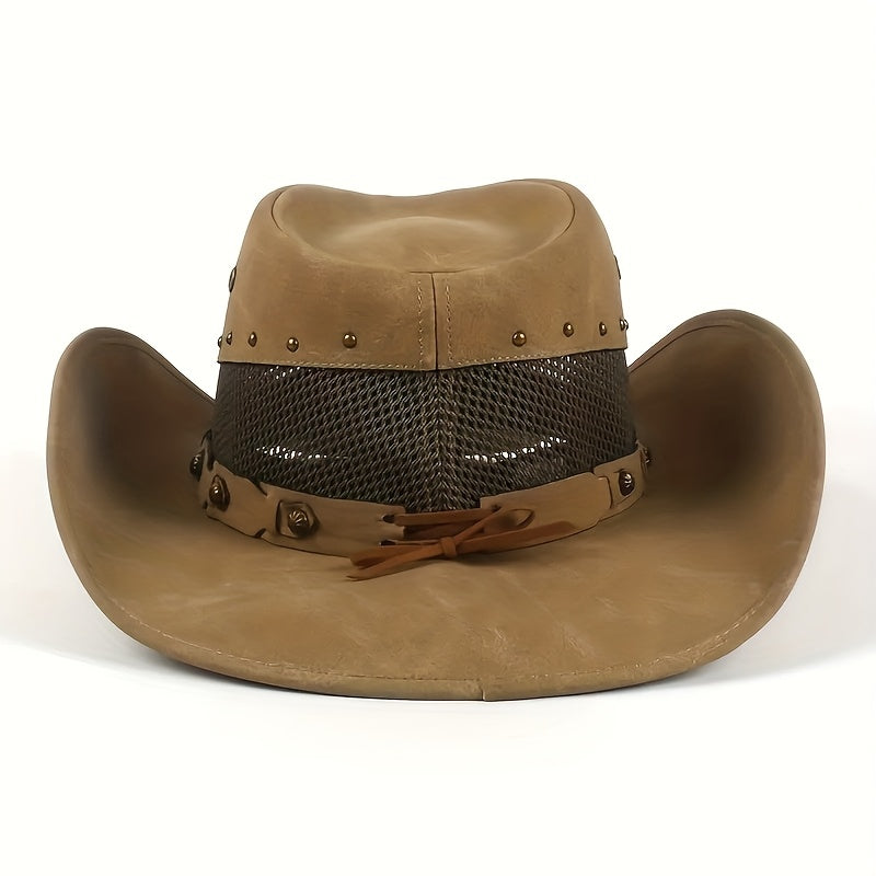 Vacation Faux Cowboy Fedora Hat - Unisex Western Hombre Style with Breathable Mesh Back Panel, Brown, Sizes 22.83-23.62 Inch for Men & Women