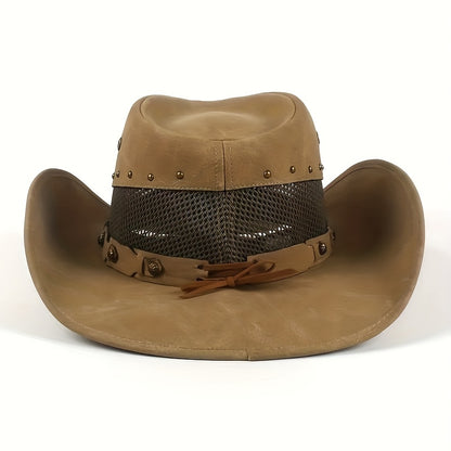 Vacation Faux Cowboy Fedora Hat - Unisex Western Hombre Style with Breathable Mesh Back Panel, Brown, Sizes 22.83-23.62 Inch for Men & Women