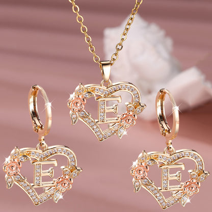 3pcs Women's Initial Jewelry Set - Heart-Shaped Interlocking Link Necklace & Earrings with 26-Letter Monogram, Elegant Golden-Tone -Accented Letters, Dainty Everyday Gift for Mother's Day, Graduation, Birthdays (Pink & Clear
