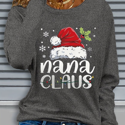 Women'S Christmas Santa Claus & Nana Claus Graphic Print Long Sleeve T-Shirt - Cozy Crew Neck Casual Top with Festive Snowflake & Santa Hat Design, Perfect For Fall/winter Holiday Celebrations, Christmas Shirts