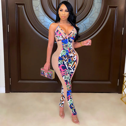 LUCKFOX Sexy Halter Jumpsuit with Digital Print and Contrasting Color Splicing | Mesh, Sleeveless, Midi Length, Geometric Pattern, Casual Style, Perfect for Spring/Summer/Fall