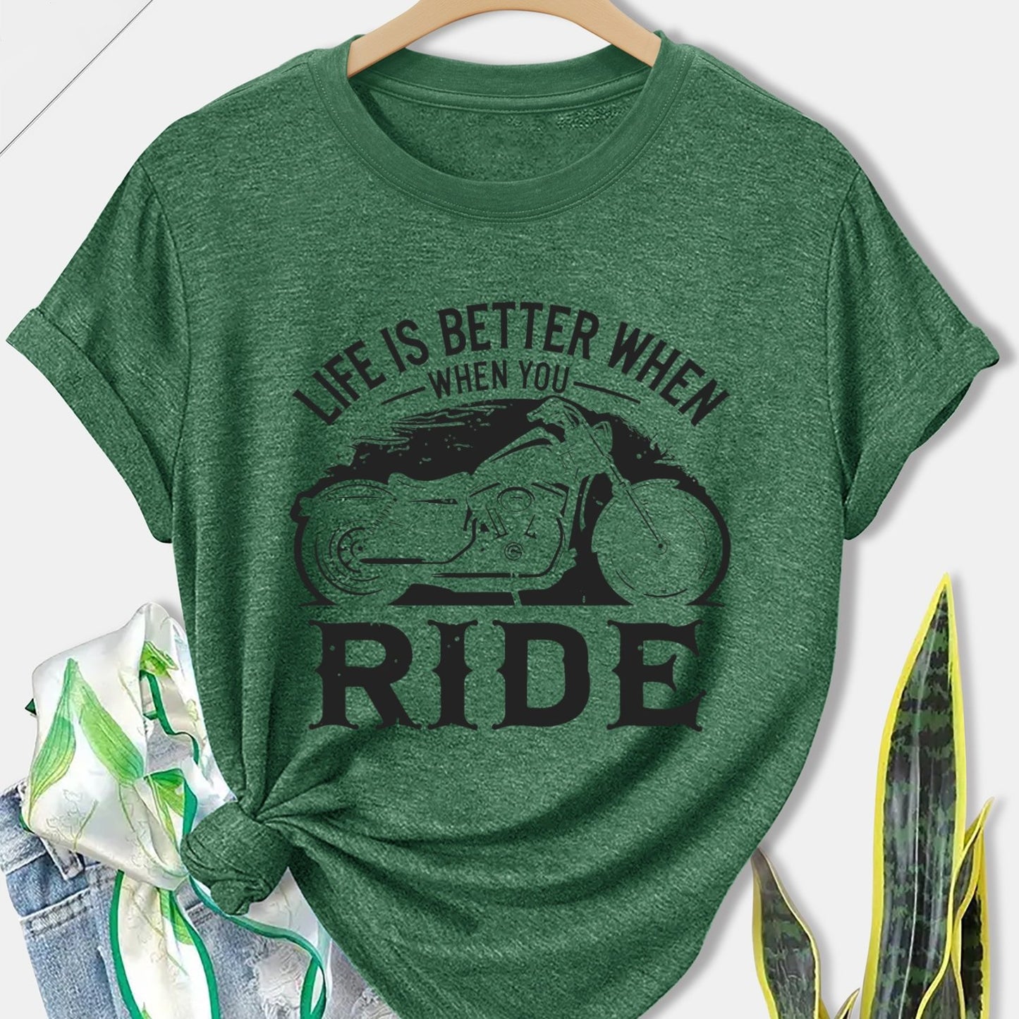 Women'S Motorcycle Graphic Long Sleeve T-Shirt - Turquoise Riding Slogan Print, Loose Fit Casual Top with Round Neck, All-Season Comfort for Motorcycle Enthusiasts, Outdoor Riding & Casual Attire, Breathable & Durable Apparel