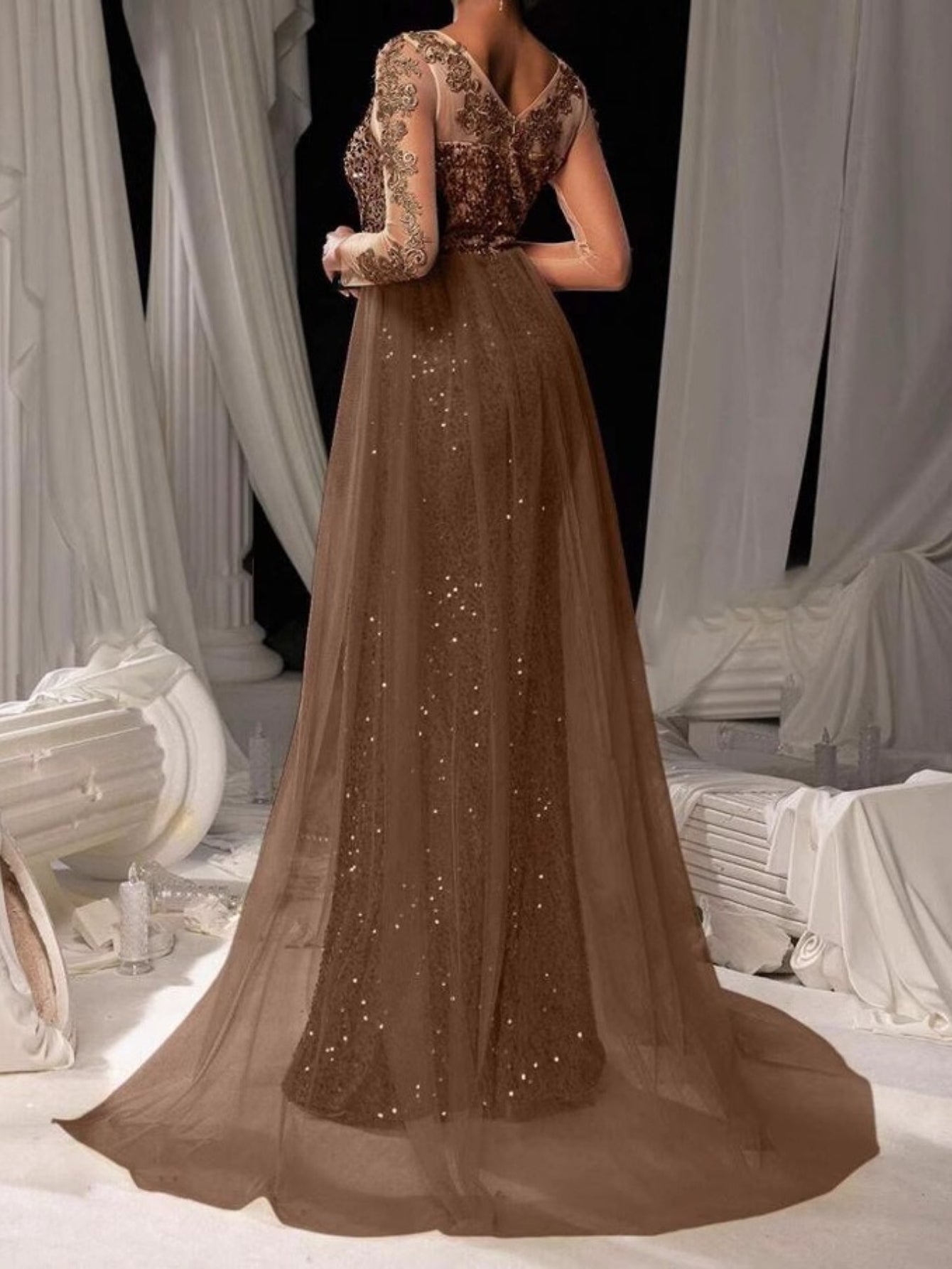 Plus Size, Women' Plus-Size Elegant Evening Gown - Long Train Wedding Dress with Lace Sleeves & Full Train, Round Neck Formal Dress for Prom, Galas, Balls - Luxury Formal Wear (Hand Wash/Dry) - - Wedding & Special Occasion Dr