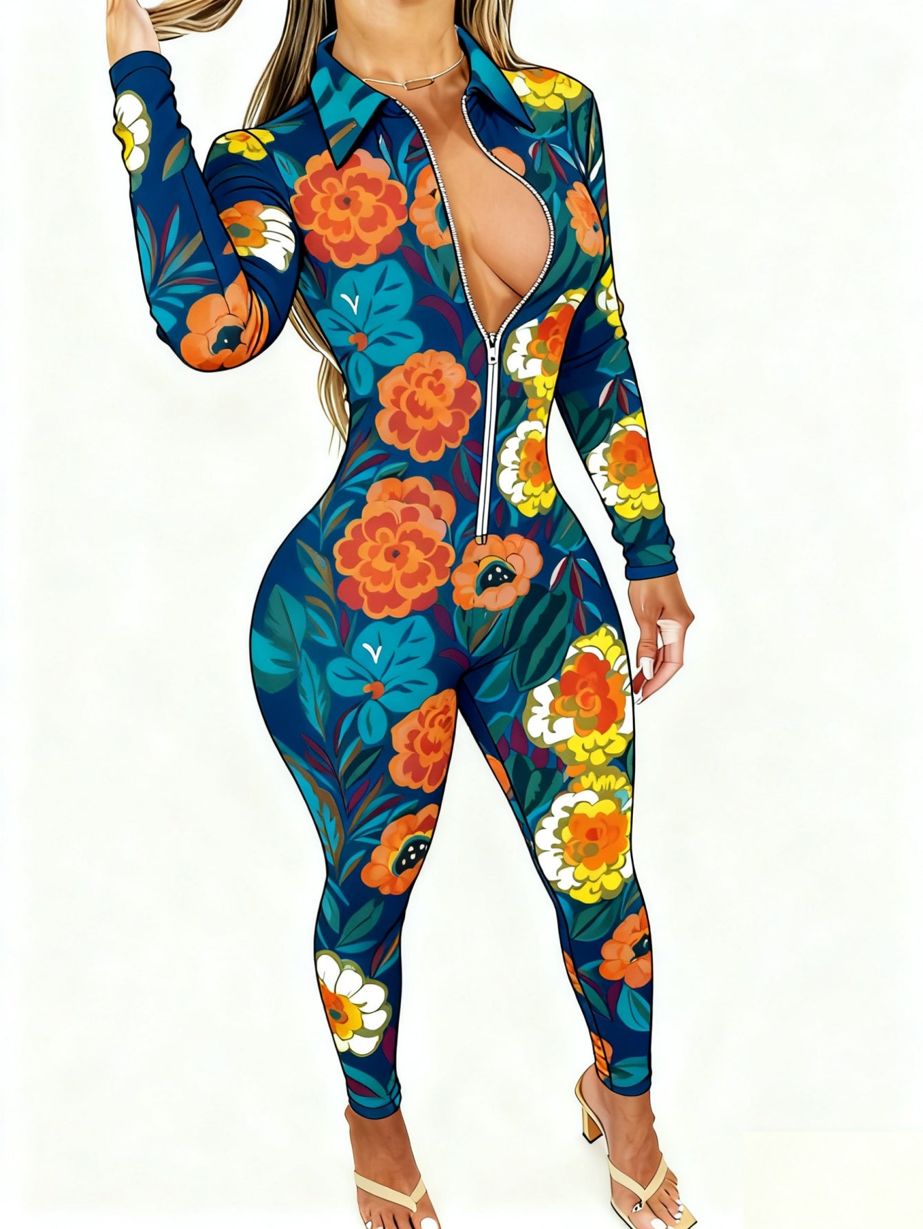 Plus Size - Women'S Sexy V-Neck Jumpsuit | Zipper Closure, Fashion Printed, Versatile for Party, Club & Daily Wear, 4-Season Fashion Outfit, Slight Stretch Fabric