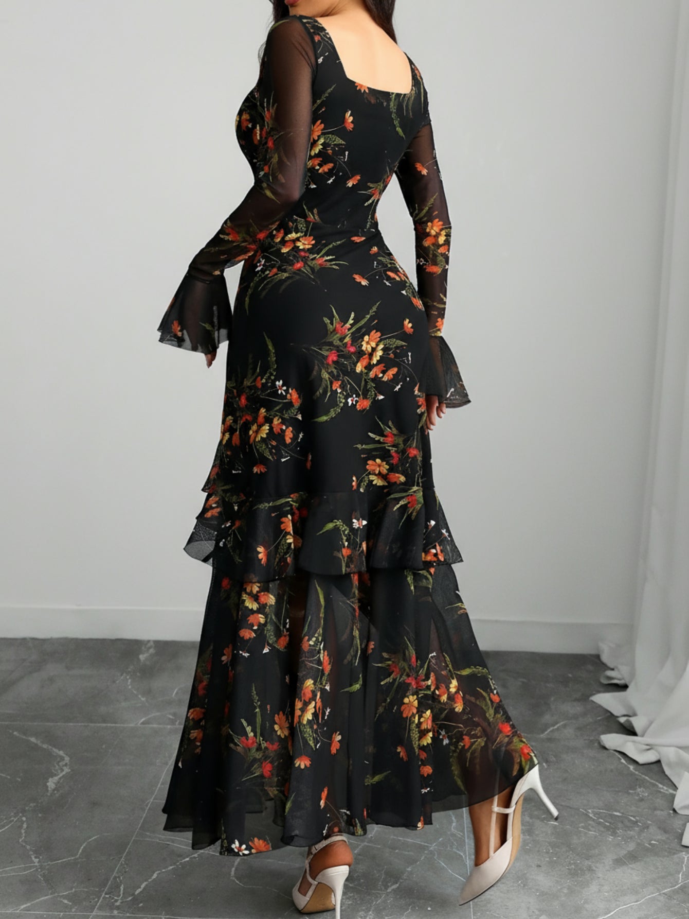 Women's Vintage Elegant Black Maxi Dress with Bell Sleeves & Ruffled hems - Square Neck Mesh Gown Suitable for Weddings, Proms, New Year's Eve Parties - Machine Washable Fall/Winter Evening Dress