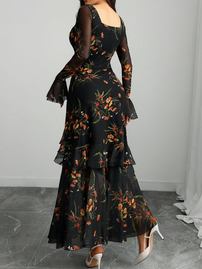 Women's Vintage Elegant Black Maxi Dress with Bell Sleeves & Ruffled hems - Square Neck Mesh Gown Suitable for Weddings, Proms, New Year's Eve Parties - Machine Washable Fall/Winter Evening Dress