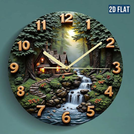2D Flat, Forest Cottage Waterfall Theme Design, A Creative Pattern Fashionable Wall Clock, Artistic Decoration Silent Quiet Clock, Suitable for Living Room, Bedroom, Home, Office, Kitchen Decoration, Festival Decoration Clock