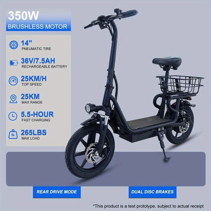 Folding Electric Scooter - 350W Motor, Portable Electric Scooter for Urban Use, 6AH/7.5AH Lithium Batteries, 25km Range & 25km/h Top Speed, 12"/14" Inflatable Tires, Front/Rear Disc Brakes+ Rear E-Brake, 264.55LB Max Load, Su