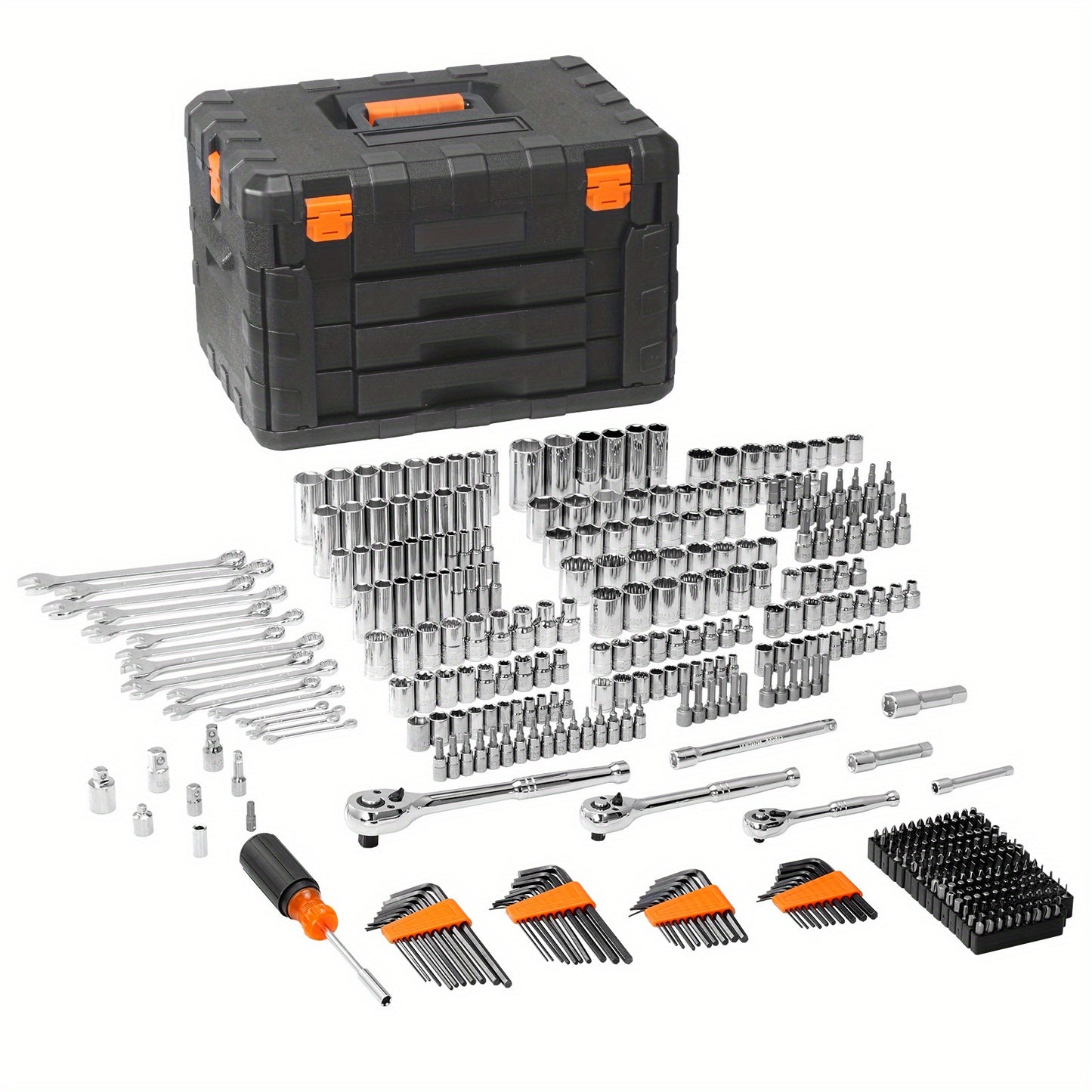 Happybuy Mechanics Tool Set and Socket Set, 1/4"3/8" 1/2" Drive Deep and Standard Sockets, 450pcs SAE and Metric Kit with Bits, Hex Wrenches, Combo Wrench, Accessories, Storage Case