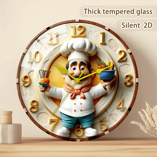 1pc Extra Large Chef-Themed Modern Kitchen Clock - Silent Quartz Movement, Thick Tempered Glass, Golden Hands & Black Numerals - (Battery Not Included) - for Living Room, Bedroom,, Office - French Chef Design with Garlic & He