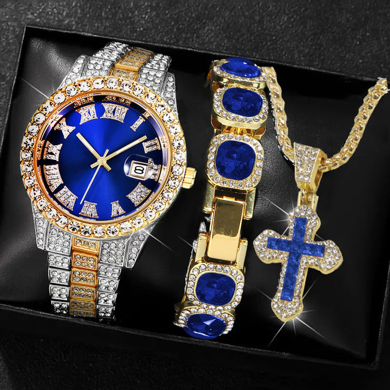 [Men's Watch Set] Luxury Men's Watch Set, Including Artificial Gemstone Bracelet and Cross Necklace, Roman Numeral Watch, Inlaid with Artificial Rhinestones, Perfect Gift for Men, Party Essentials