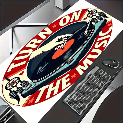 1pc Music-Themed Gaming Mouse Pad & Desk - Vinyl Record & DJ Turntable Design with "Turn On The Music" Slogan, Non-Slip Rubber Base, Full Keyboard & Mouse Coverage for PC/Laptop, Durable Thick Surface for E-Sports, DJ Setup,