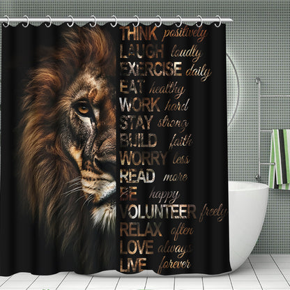 4pcs Powerful Lion Shower Curtain Set, Golden African Safari Animals Masculine Male Cool Bathroom Sets with Shower Curtain and Rugs, Motivational Inspirational Quotes Shower Curtain with Bath Mat Set and 12 Hooks, Shower Curt