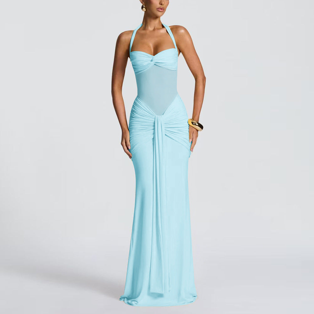 Women's Elegant Ruched Halter Neck Maxi Dress, Slim Fit Summer Party Dress