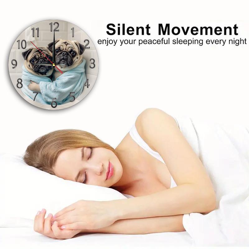 [Silent Operation] Charming Pug-Themed Silent Wooden Wall Clock - Farmhouse Style Round Clock with Adorable Pug Design, Easy-to-Read Numbers, No Ticking Sound, Perfect for Kitchen, Bedroom, or Office Decor, 9.8x9.8 Inches (Ba