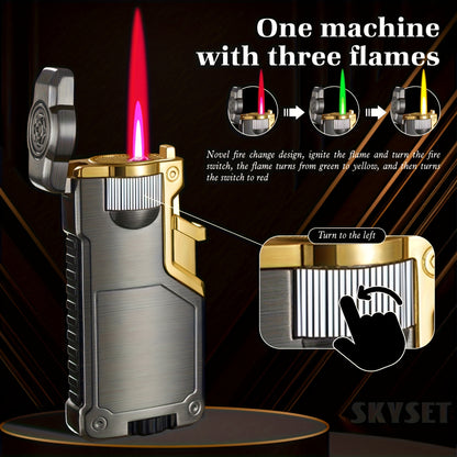 Butane Lighter Available in Three Colors, Featuring a Flame Switch, Windproof Design, And Direct Ignition. This Inflatable Lighter Is Made of Metal And Allows for Flame Size Adjustment