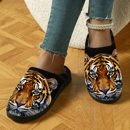 Women's Plush Thickened Winter Slippers with Tiger Face Animal Print - Soft Fabric Indoor House Shoes, Machine Washable Cozy Warmth for Cold Floors, Casual Elegant Design, EVA Cushioned Sole