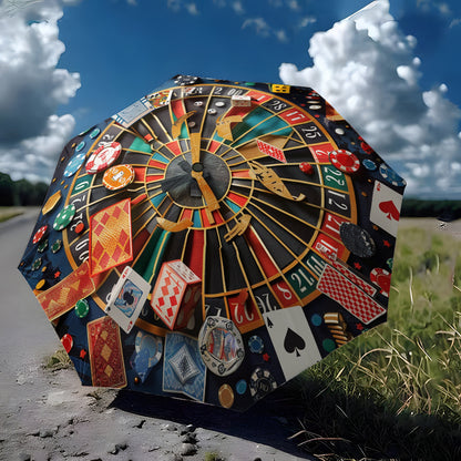 -Themed Poker & Roulette Umbrella with Poker & Card Symbols - Open/Close, 8-Rib Durable Frame, Portable Folding Umbrella for Poker Nights, Parties, Travel - Poker Chip Design  Accessory Gift for Men &