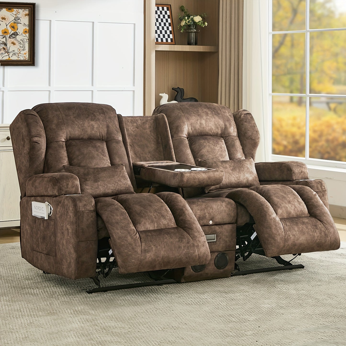 68" Rocker Recliner Loveseat Sofa with Console - Manual Reclining Rocking Chair, Faux Leather, USB Outlets & Side Pockets, Metal Frame, 110-240V Plug Powered