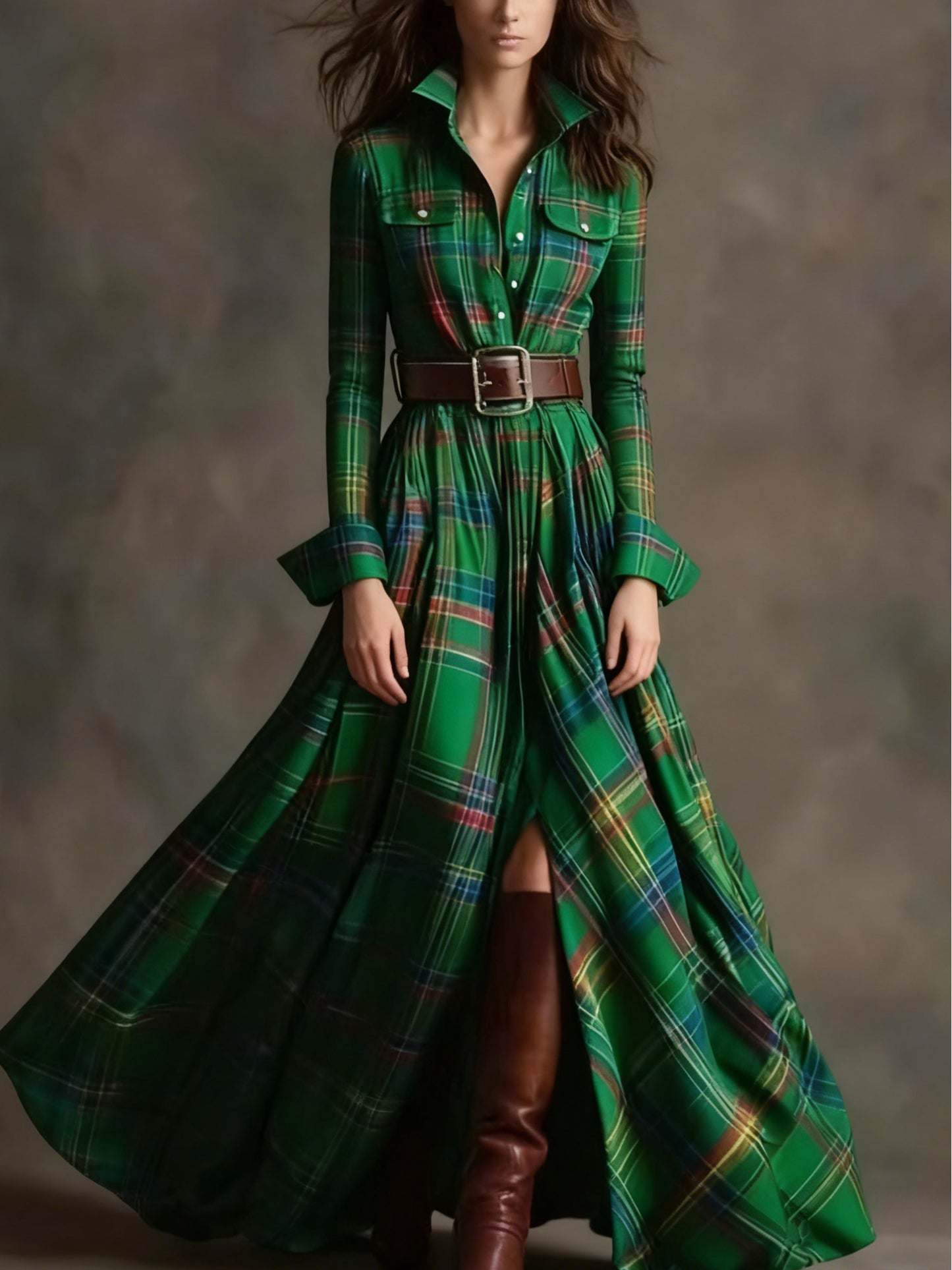 Women'S Autumn-Winter French Retro Elegant Literary Plaid Lapel Maxi Dress | Long Sleeve, Button Details, Vintage Style