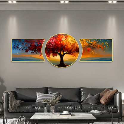 2D Flat, Three-piece Landscape Tree Wall Hanging Decoration, Waterproof Background Wall Decoration Painting, Light Luxury Style Wall Carving Decoration, Suitable for Home, Living Room, Office