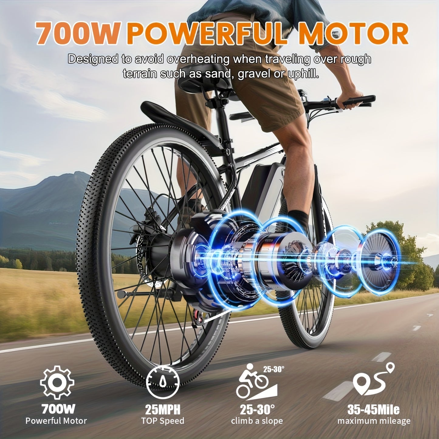 700W Adult Electric Mountain Bike 26" Heavy-Duty Tire All-Terrain, 25 MPH High Speed & 45-Mile Range, 7-Speed Compatible Gears, Front Suspension Fork, Disc Brakes, LCD Display, 48V 10AH Removable Battery, Global Voltage 100-2