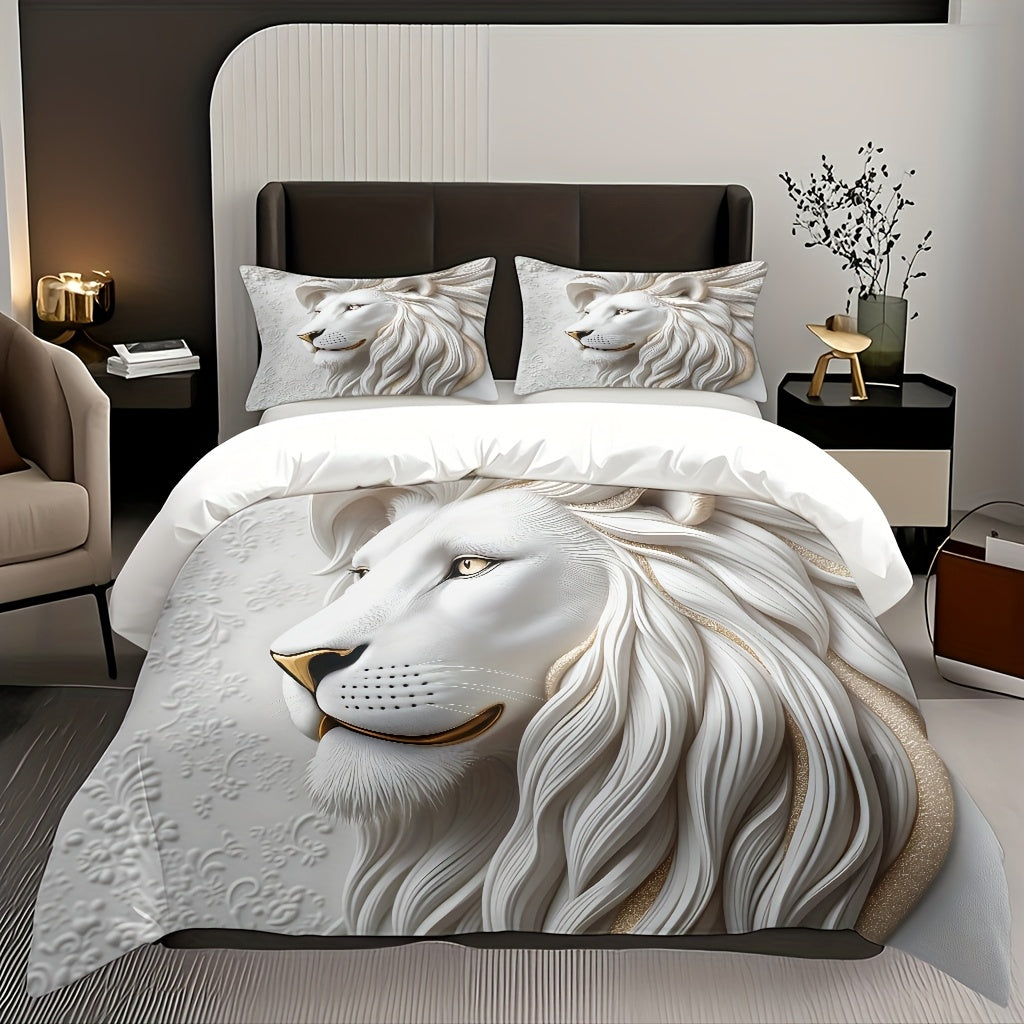 White Lion Duvet Cover Set - Soft High-Definition Digital Print, Breathable Polyester, Machine Washable, Perfect Gift for All-Season Use, Includes 1 Duvet Cover & 2 Pillowcases, Ideal for Family And Friends