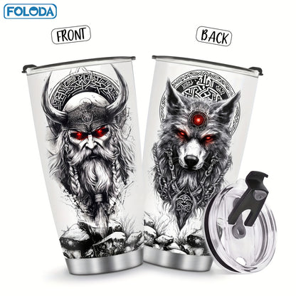 Foloda 20oz Viking Wolf Tumbler with Lid - Insulated Stainless Steel Travel Mug, Black & Red Norse Design, Keeps Drinks Hot/Cold, Perfect Gift for Men, Dad, Boys on Christmas, Valentine's, Father'S Day, Travel Coffee Mug|Viki