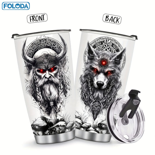 Foloda 20oz Viking Wolf Tumbler with Lid - Insulated Stainless Steel Travel Mug, Black & Red Norse Design, Keeps Drinks Hot/Cold, Perfect Gift for Men, Dad, Boys on Christmas, Valentine's, Father'S Day, Travel Coffee Mug|Viki