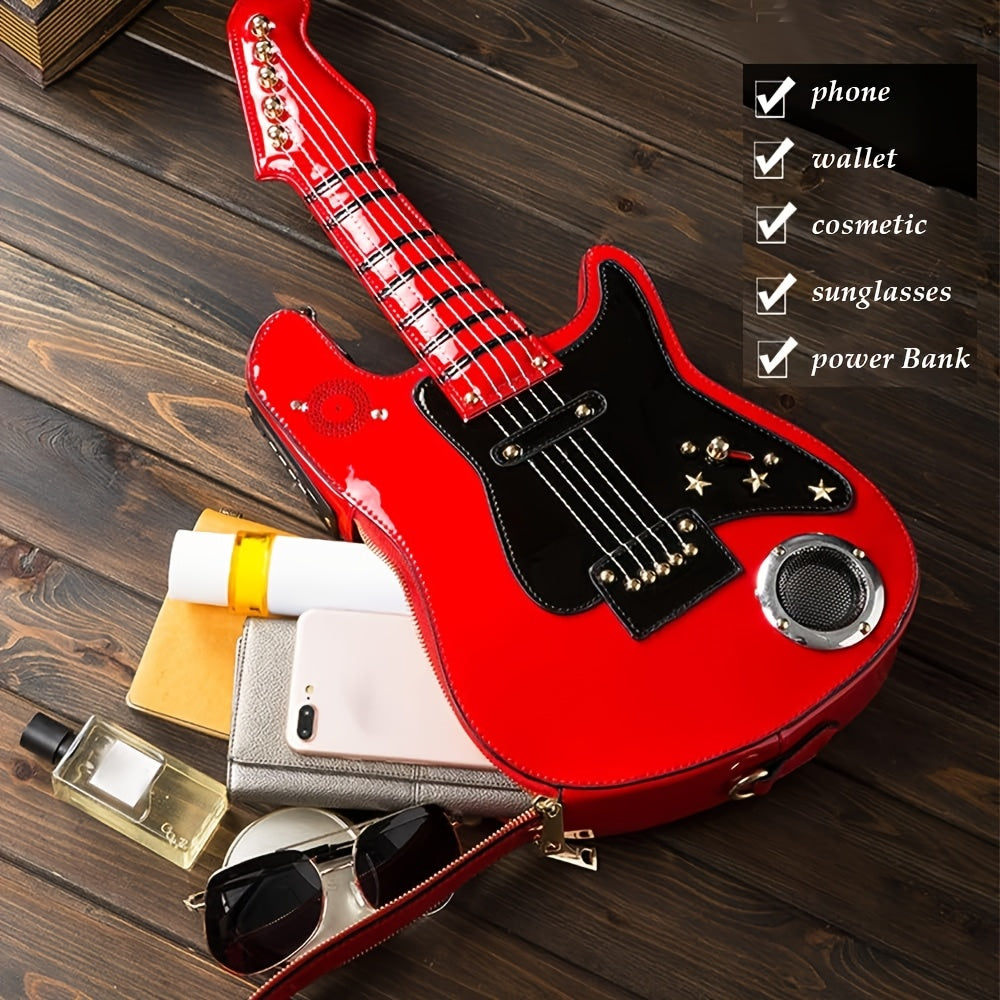 Electric Guitar Shaped Fashionable PU Crossbody Bag for Women, Solid Color, Detachable Shoulder Strap, USB Speaker, Zipper Closure, Polyester Lining, Edge Paint, Hip Hop Style, Detachable Strap, Electric Guitar Bag