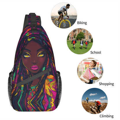 Women's African Print Crossbody Bag - Large Capacity Chest Bag with Zipper Closure, Bold African Woman Portrait in Purple, Blue, Yellow, Green, Red - Durable Gym, Travel, Everyday Bag for Women - Easy-Care Hand Washable Desig
