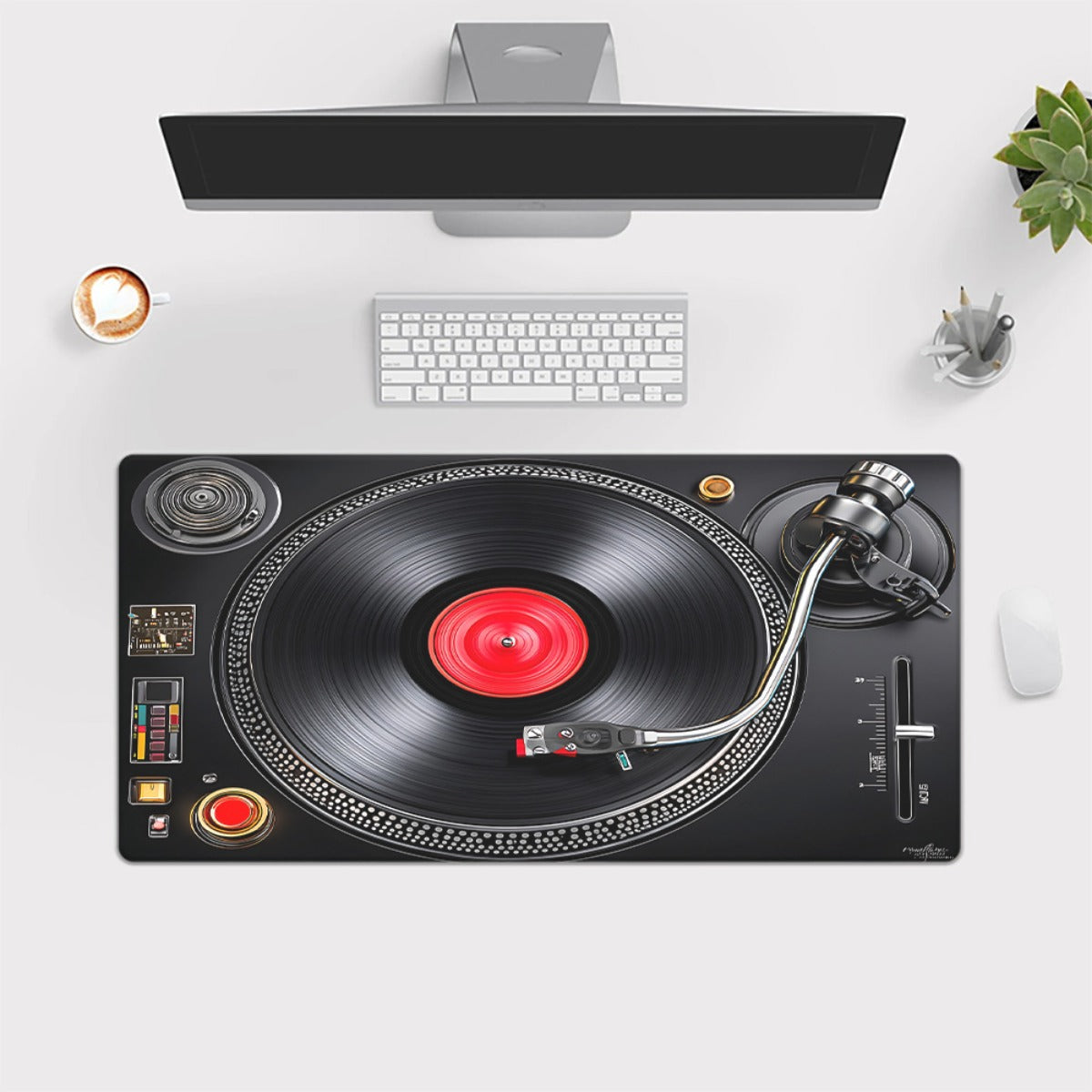 1pc XXL Large Vinyl Record Desk & Mouse Pad - Non-Slip DJ Turntable Design with Vinyl Grooves, Retro Music Studio Theme for Gaming/Office Computer, Compatible with PC/Laptop (Realistic DJ Setup Accessory)
