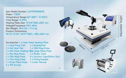 6 In 1 Heat Press Machine 11.5x15 Inch 360 Degree Rotating T-Shirt Press Machine - Heat Transfer Machine For T-Shirts, Mugs, Hats, Plates