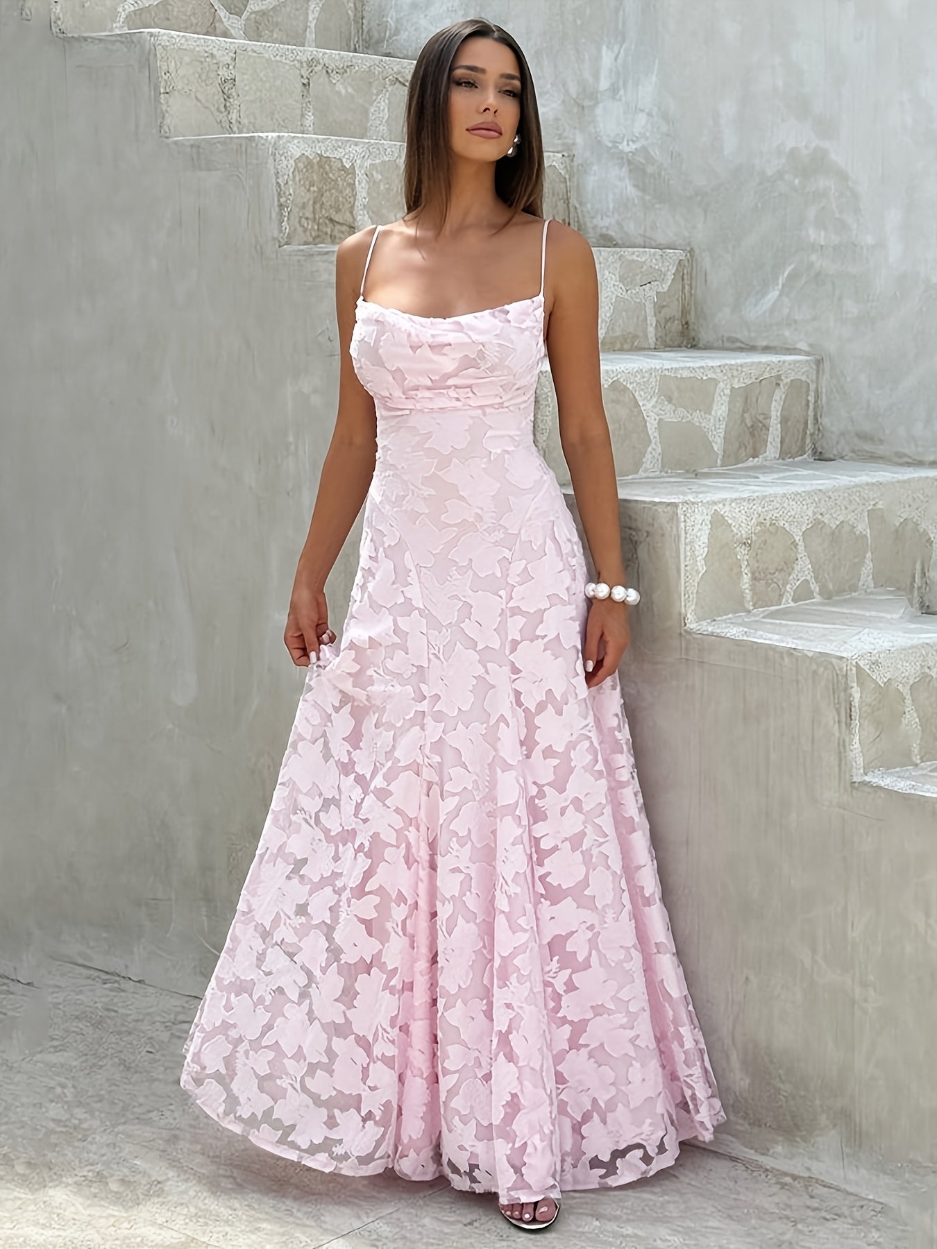 Elegant -Line Maxi Dress - Spaghetti Strap Square Neck Ruched Back Crisscross Suspender Dress, Solid Color Formal Party Wedding Guest Gown, Slim-Fit European Luxury Evening Dress for Spring/Summer (Machine Washable)