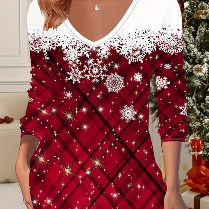 Women's Burgundy & Golden Checkered 3D All-Over Print Tunic Top - Long Sleeve V-Neck Winter Warmth, Machine Washable Elegant Christmas & New Year's Party Blouse, Red & Burgundy Plaid Design, Festive Casual Wear with Glitterin