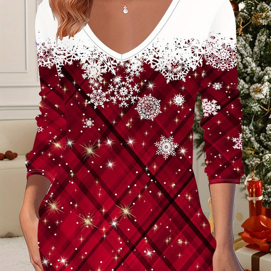 Women's Burgundy & Golden Checkered 3D All-Over Print Tunic Top - Long Sleeve V-Neck Winter Warmth, Machine Washable Elegant Christmas & New Year's Party Blouse, Red & Burgundy Plaid Design, Festive Casual Wear with Glitterin