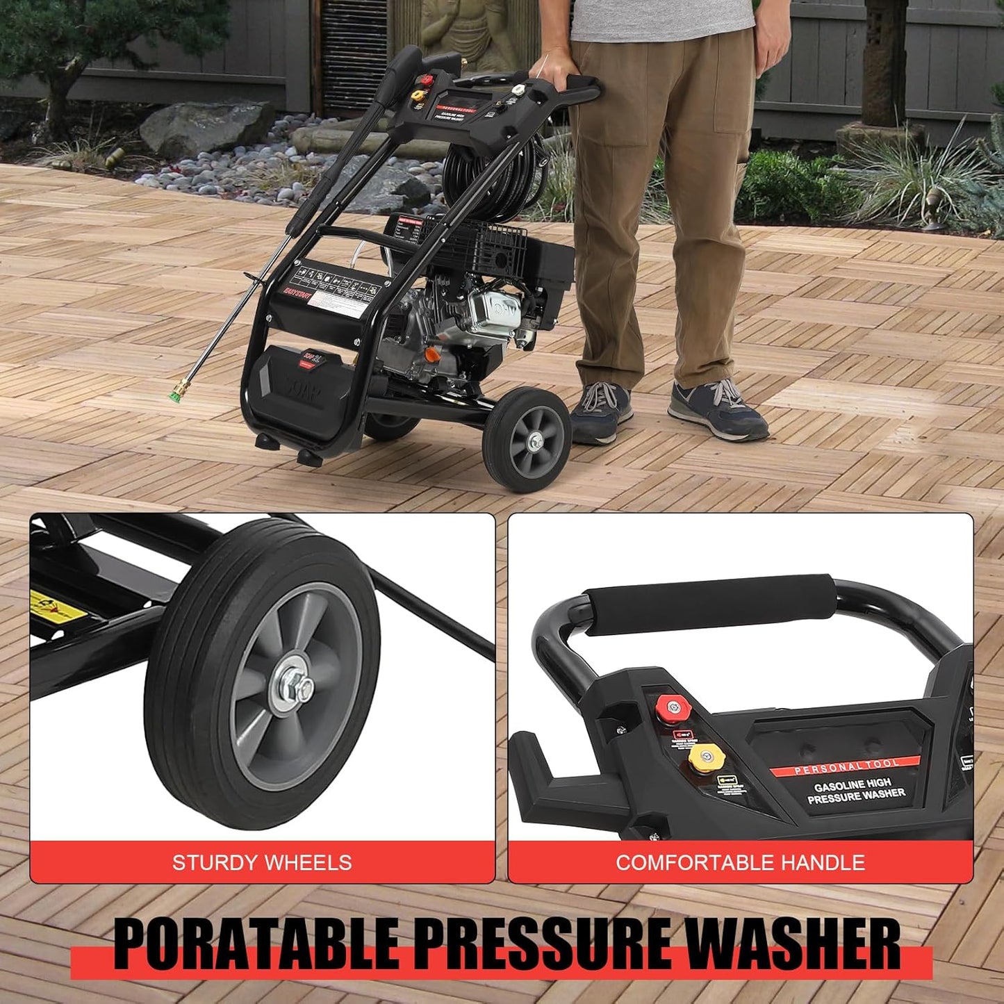 3600 PSI Gas Pressure Washer, 2.4 Max GPM, High Pressure Washer with 4 Quick Connect Nozzles, for Cars Fences Driveways Homes Patios Furniture