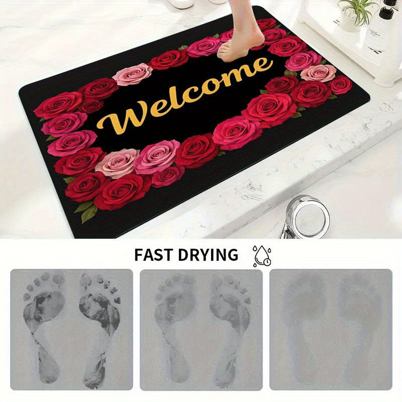 1pc Non-Slip Welcome Doormat - Red Roses & Welcome Golden Lettering on Black Background, High Quality Bathroom Mat, Entryway Mat, Camping Floor Mat - Machine Washable Rubber Backing for Indoor/Outdoor Use - Perfect for Christ