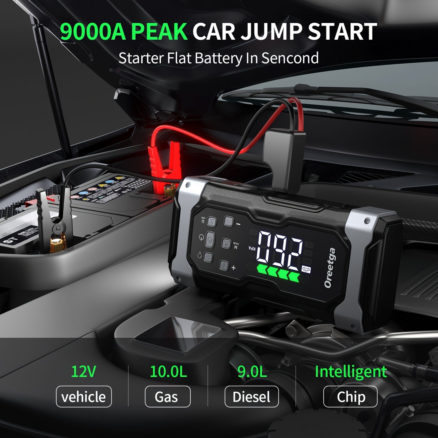 9000A Car Battery Jump Starter - Portable Power Pack with Extended Smart Jumper Cables, Quick Charge, Large Display, LED Lights, And Safety Protections for (All Gas/3.17gal Diesel) Engines, Start The Car Quickly, Jump Starter