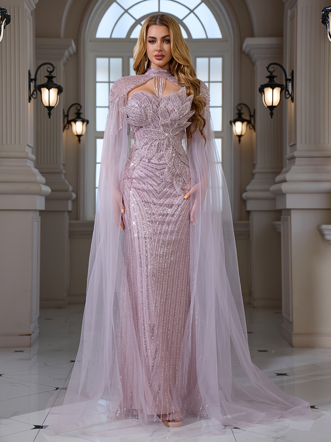 An Elegant And Sexy Evening Gown Featuring a High Neckline, 3D Petal Appliqués, And Flowing Tassels, Adorned with Sequins And Lace on The Bodice