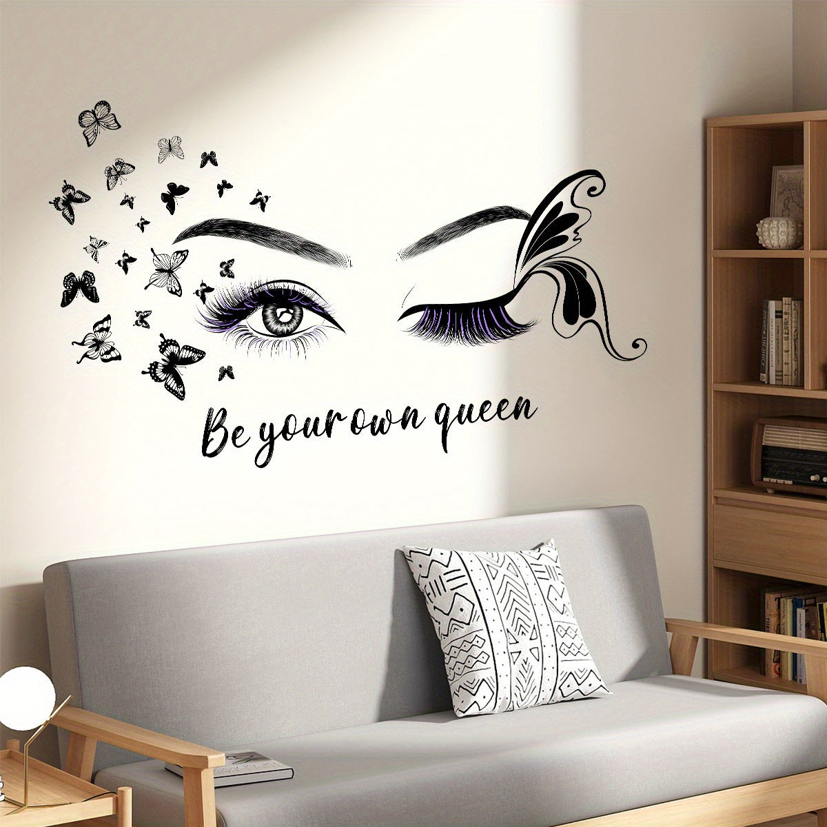 Female Eye & Butterfly Wall Sticker with Queen Slogan - Black & White Elegant Eyelash Mascara-Like Design, "Be Your Own Queen" PVC Decal for Room,, Bedroom, Living Room Decor - Easy Peel & Stick