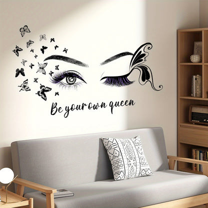 Female Eye & Butterfly Wall Sticker with Queen Slogan - Black & White Elegant Eyelash Mascara-Like Design, "Be Your Own Queen" PVC Decal for Room,, Bedroom, Living Room Decor - Easy Peel & Stick