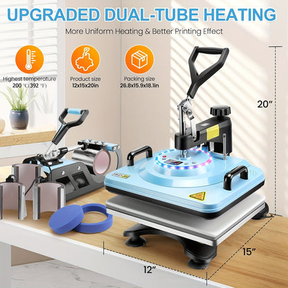This Is a Versatile Heat Press Machine Combo Featuring an 8 in 1 And 5 in 1 Design, with Dimensions of 15"X15" And 15"X12". It Has a Rotatable Design And Is Suitable for Transferring Images Onto Various Items Such As T-Shirts