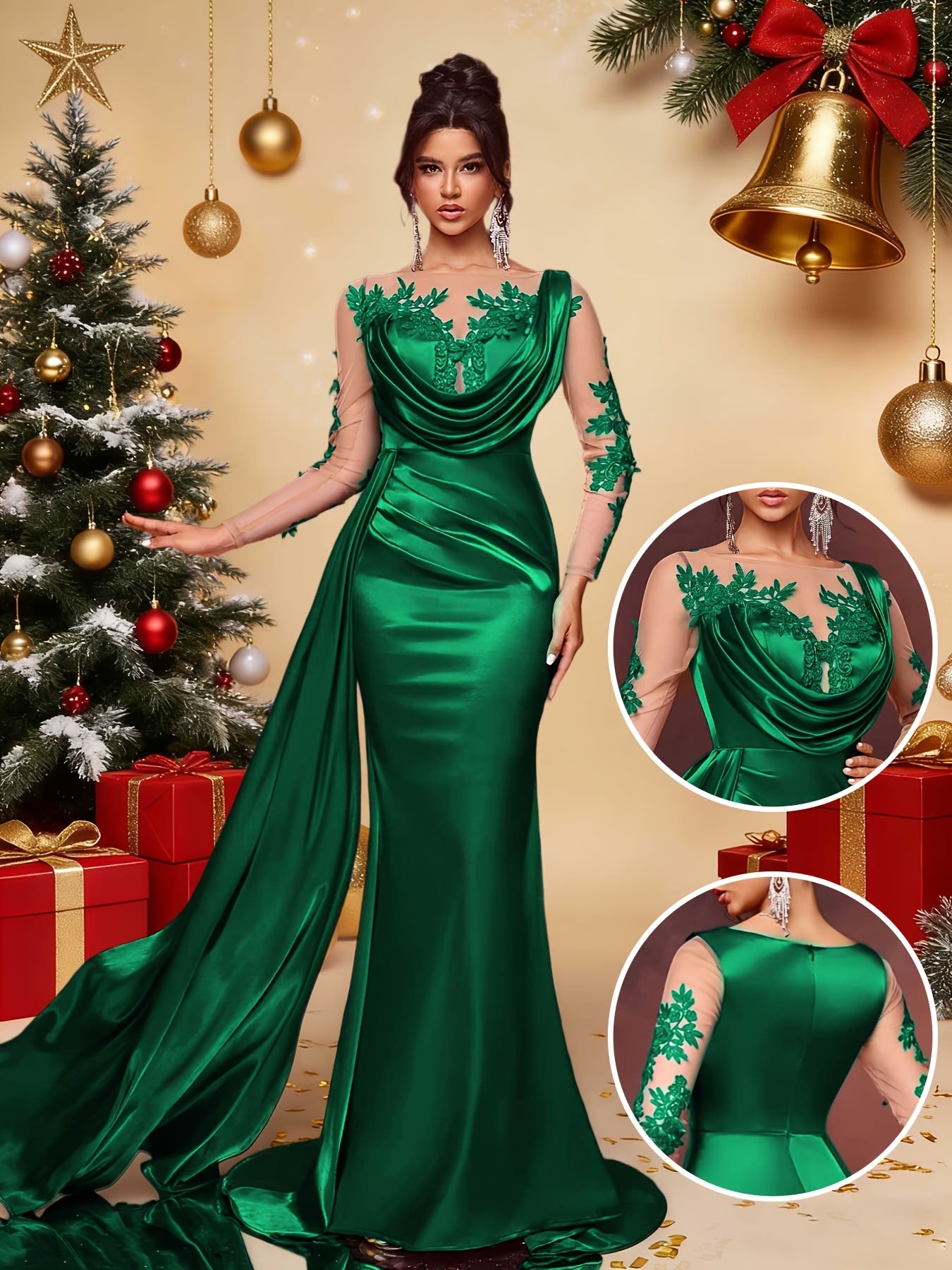Elegant Long Ladies' Gown with Lace Detail | Solid Color, Contrast Mesh, Long Sleeve, Gown Hem, Ideal for Christmas, Birthday, Graduation, Travel