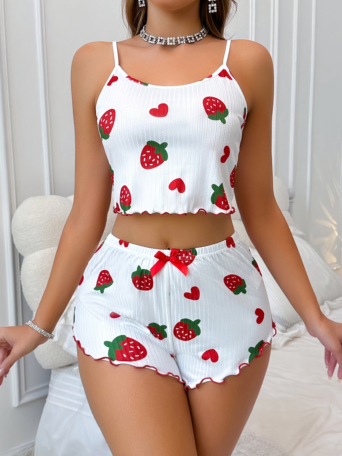 Camisole Romper - Women's Strawberry Love Print - Ruffle Hem with Red Bow