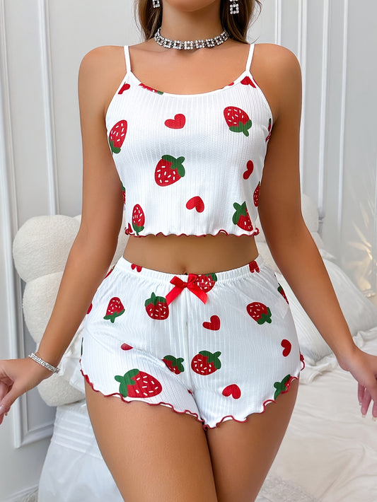 Camisole Romper - Women's Strawberry Love Print - Ruffle Hem with Red Bow