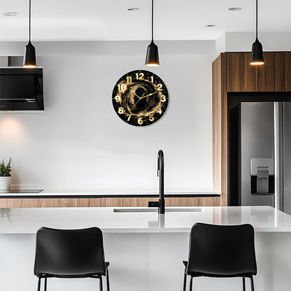 Glass Deep Sparkling Golden Vast Universe Wall Clock, Dark Tempered Glass Face with Film Coating for Living Room, Bedroom, Kitchen & Office Decor - Unique Aesthetic Home Artwork, Ideal Birthday Gift and Modern Housewarming Pr